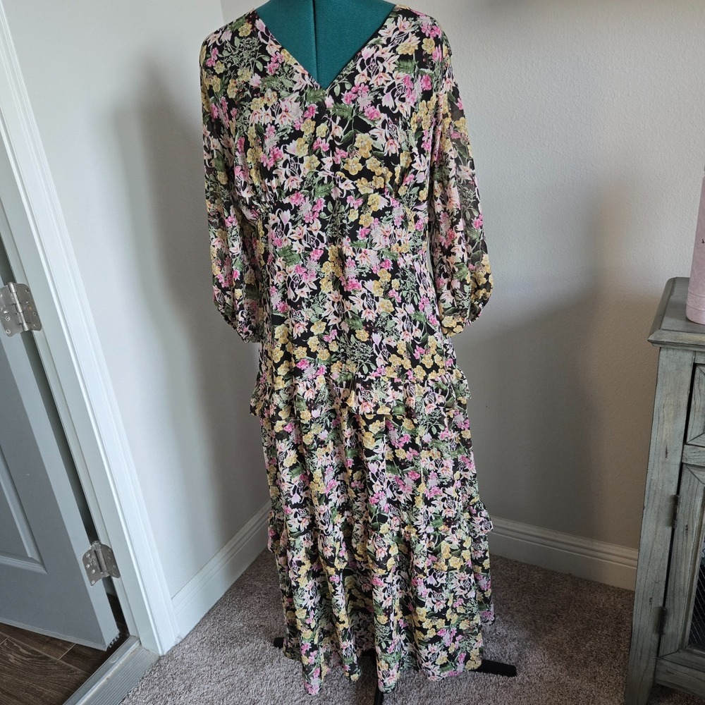 Taylor Woman Ruffled Tiers Floral Midi Dress Elastic Waist in Back Sz 18W Lined